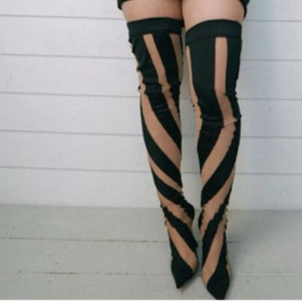 Over-the-Knee Striped Thigh High Boots - Black & Tan Illusion Mesh Heels